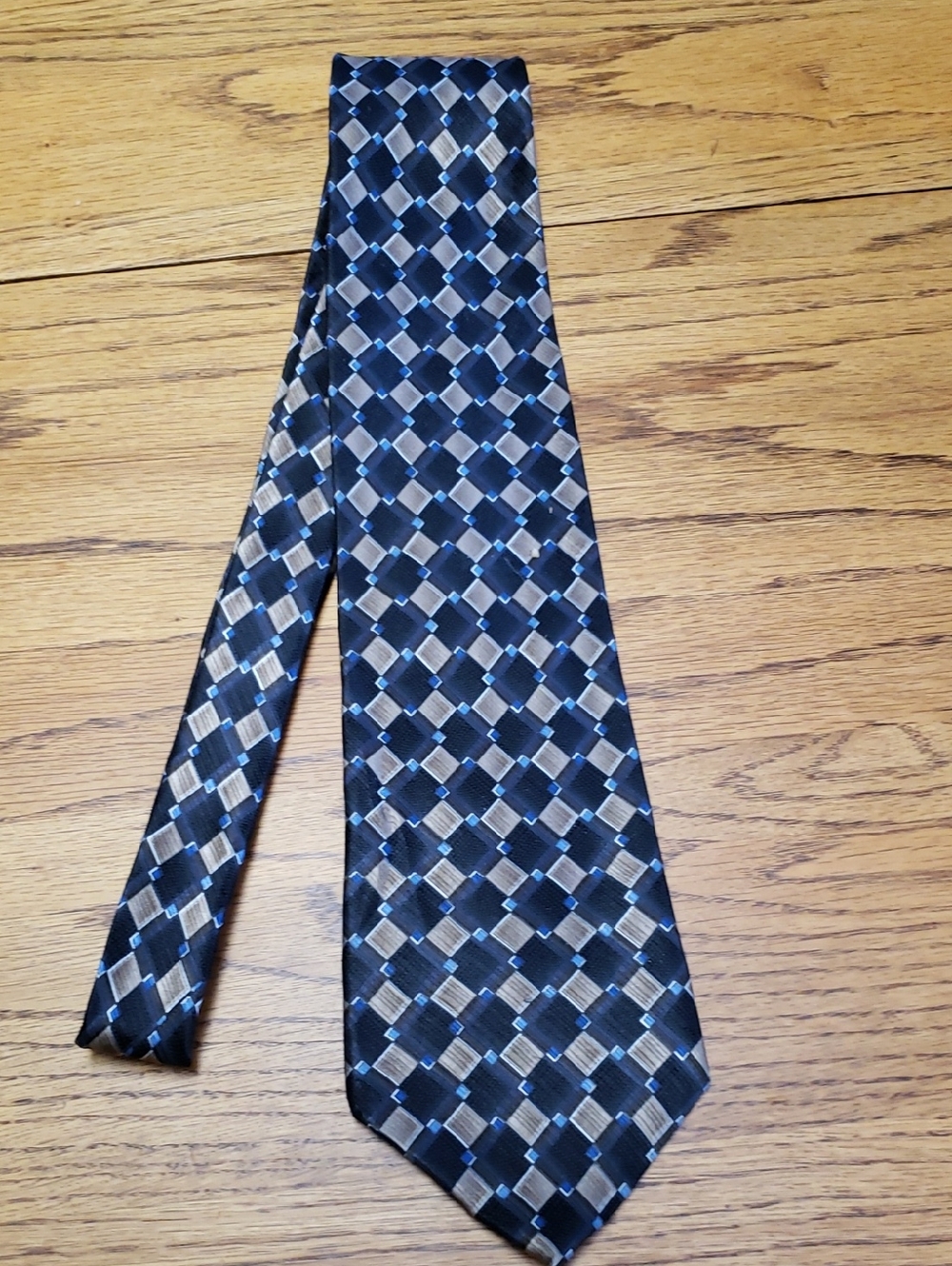 Geoffrey Beene Black Tie with Silver and Blue Geometric Squares